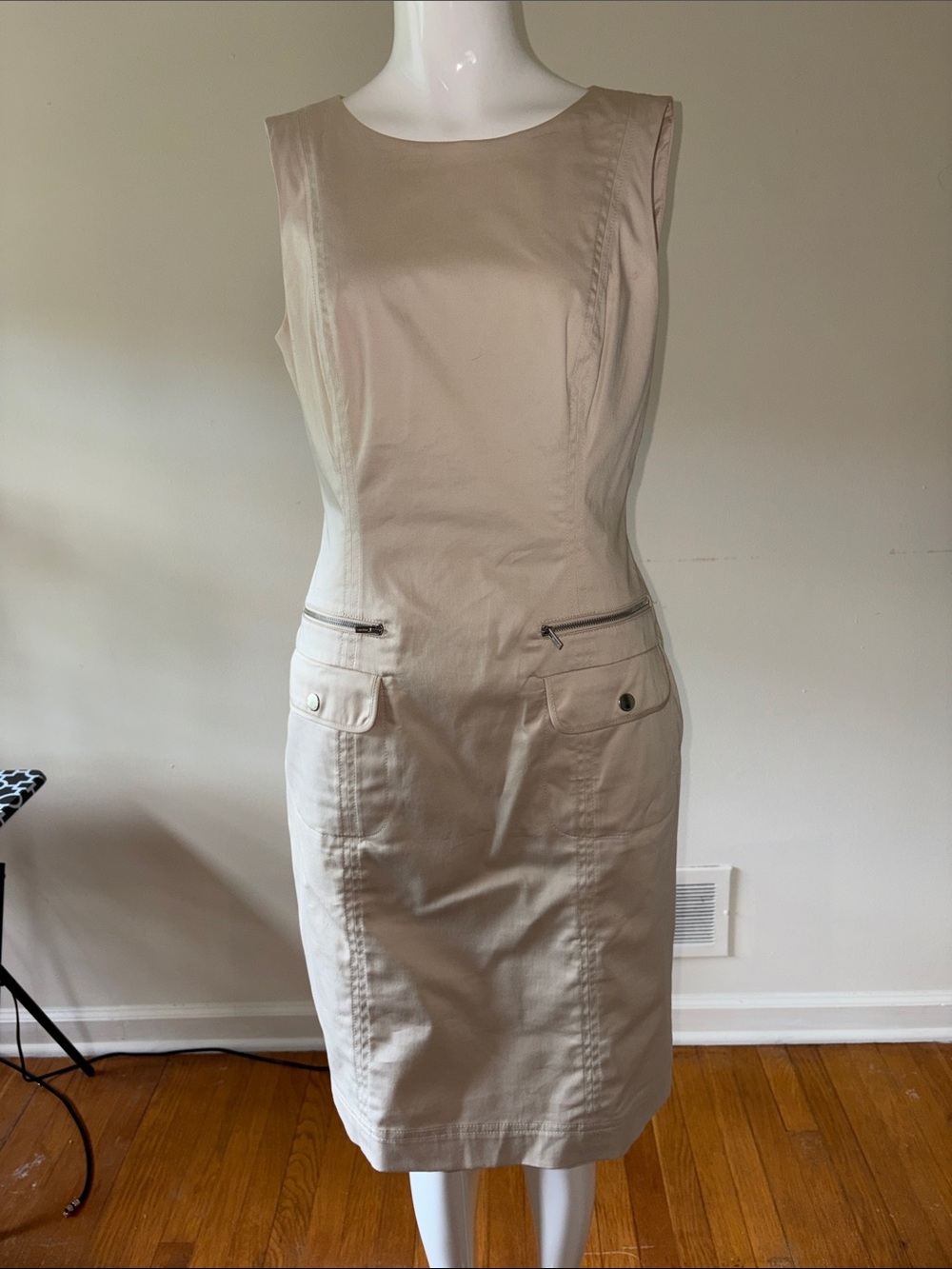 Calvin Klein Zippered Pocket SAFARI  Beige Sleeveless Sheath Dress